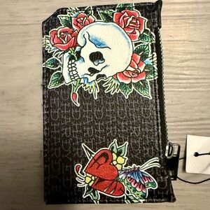 Ed Hardy Tattoo Skull Roses & Hearts 5 Slot Credit Card Holder w/Zip Pouch